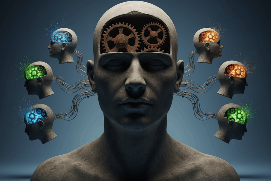 Ilustração abstrata de uma grande cabeça central com engrenagens paradas, conectada a cabeças menores com faíscas de ideias, simbolizando como a centralização na gestão inibe a inovação e o potencial criativo da empresa.
