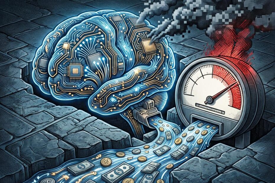 Ilustração conceitual de um cérebro de circuito integrado superaquecendo ao lado de um medidor de pressão no limite e dinheiro escoando, representando o custo elevado da infraestrutura de inteligência artificial.