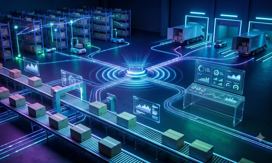 Ilustração de um armazém logístico inteligente com esteiras, caixas e linhas de dados luminosas conectando processos, representando a integração de sistemas e a eficiência operacional no e-commerce com o ORCA Sonar.